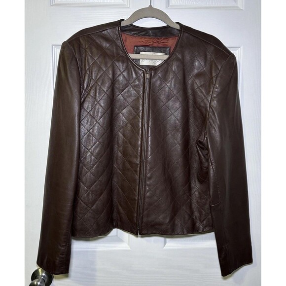 Lord & Taylor Leather Jacket Women's 12 Brown Quilted Zip Front Lined - Picture 2 of 12
